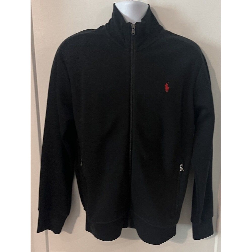 Polo Ralph Lauren Black Double Knit Full Zip Jacket Y2K Red Pony Athleisure Sz M